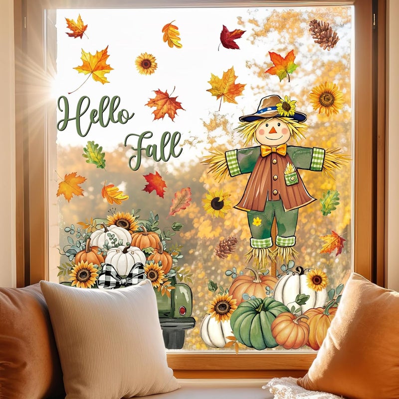 Whaline 6 Sheets Thanksgiving Fall Window Clings Green-Orange Scarecrow Maple Leaves Pumpkin Truck Reusable Window Decals for Autumn Harvest Thanksgiving Home Office School Decor - Image 4